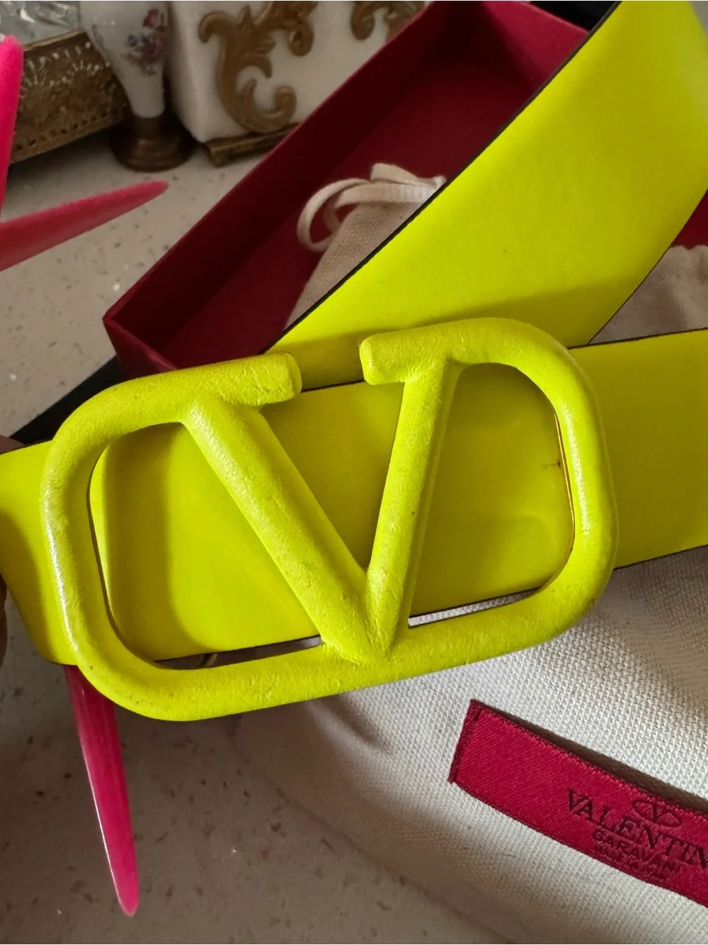 Valentino Garavani Reversible Neon Yellow V Logo Leather Belt Fluo
